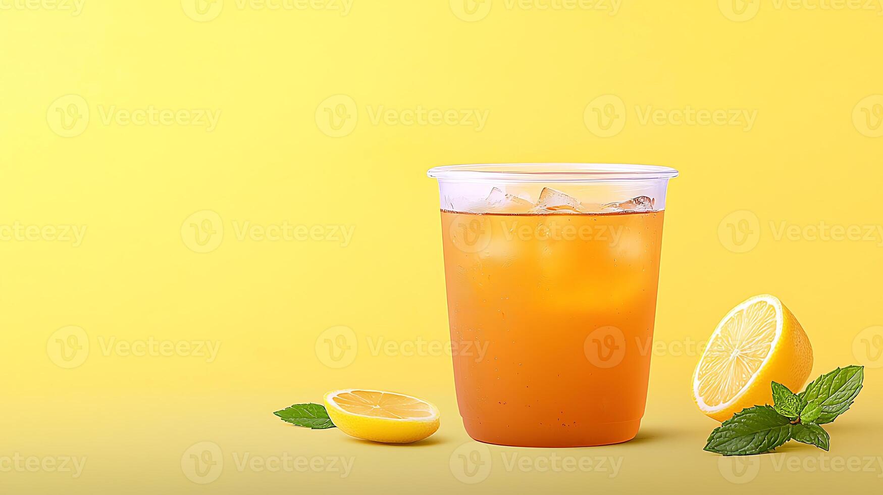 Refreshing iced tea in a transparent cup with lemon and mint on a vibrant yellow background photo