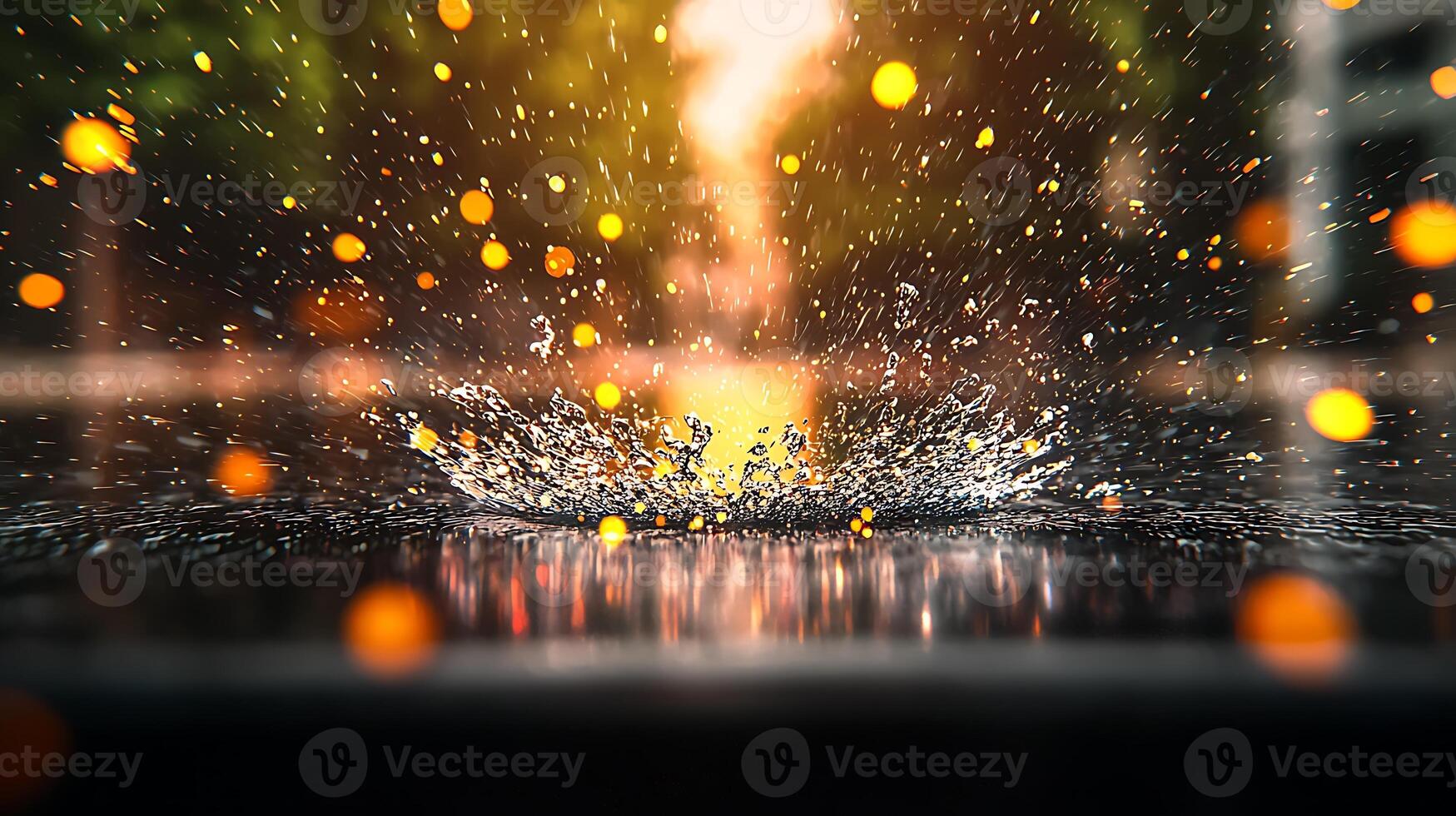 Close-up of raindrops splashing on a surface, with blurred lights in the background creating a dreamy atmosphere photo