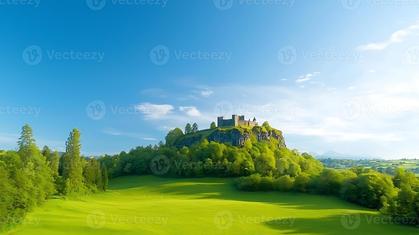 Scenic view of a historic castle atop a lush green hill under a clear blue sky photo