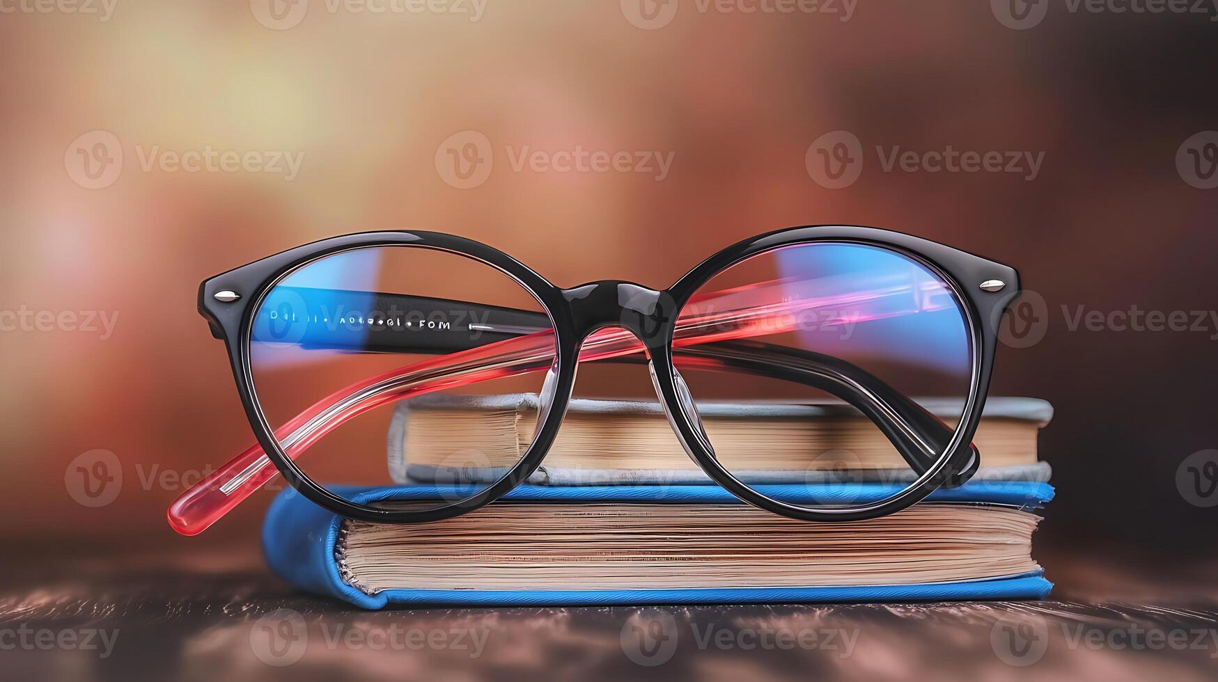 Stylish glasses resting on a stack of colorful books with a blurred warm background photo