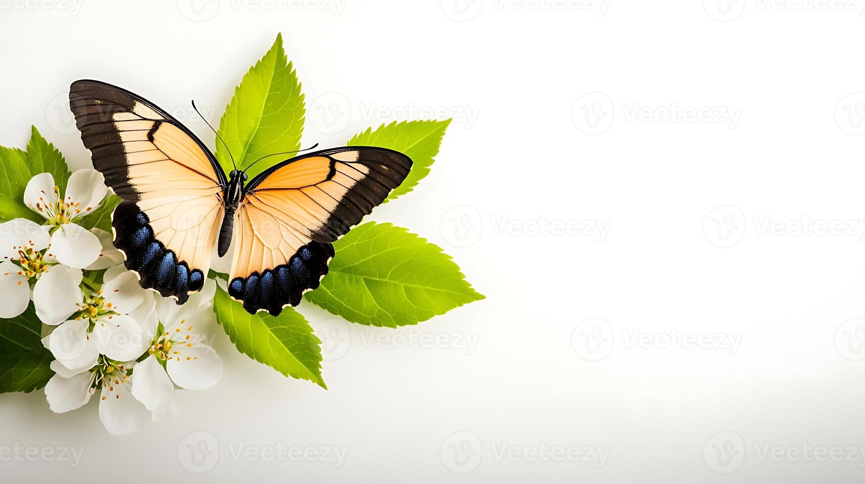 A vibrant butterfly perched on delicate white flowers and lush green leaves against a soft background photo