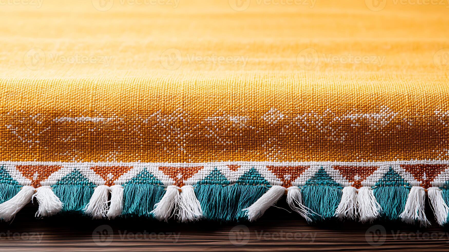 Vibrant yellow textile with intricate patterned fringe displayed on a wooden surface photo