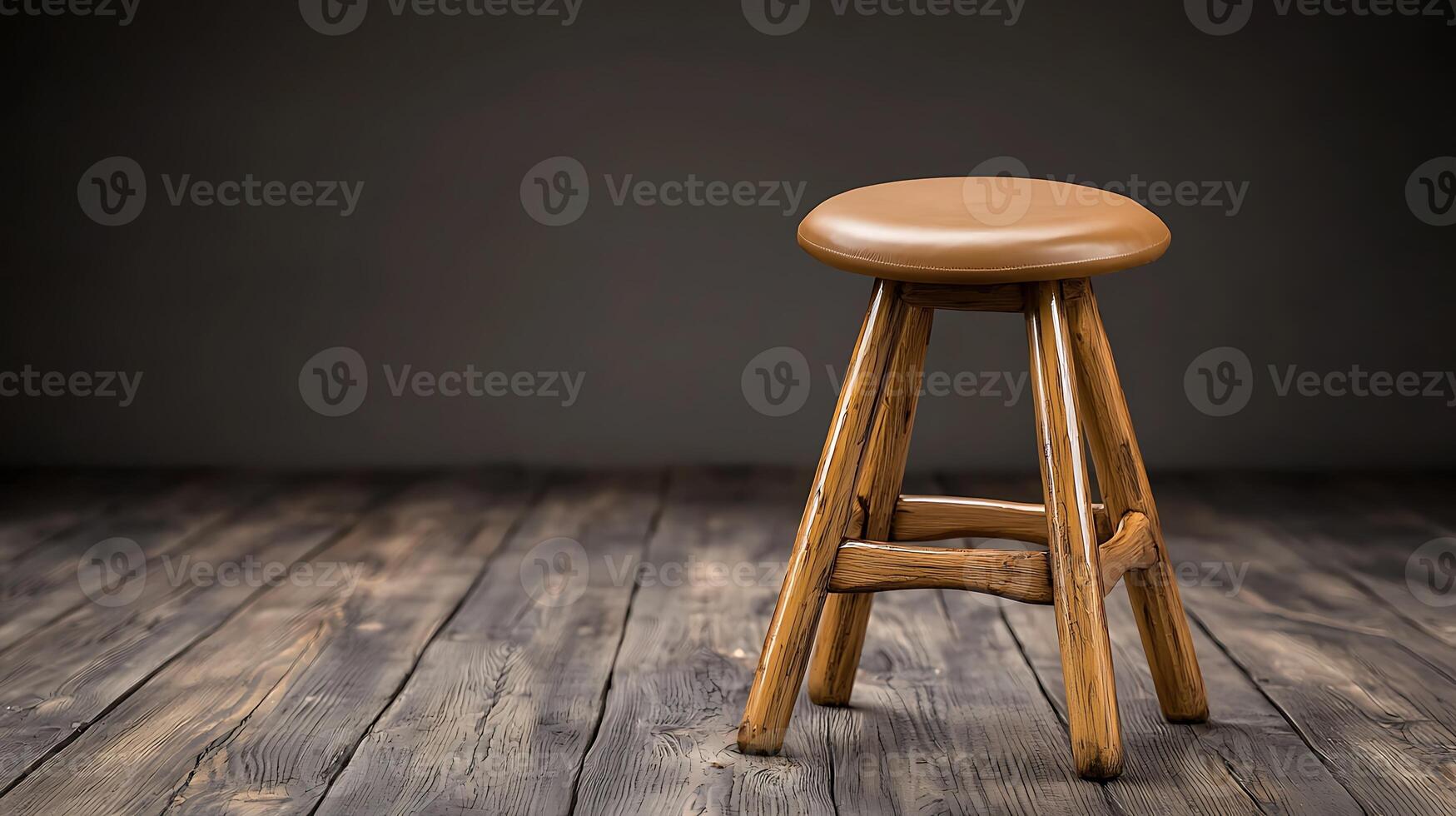 Wooden stool with a brown leather seat on a rustic wooden floor, creating a cozy atmosphere photo