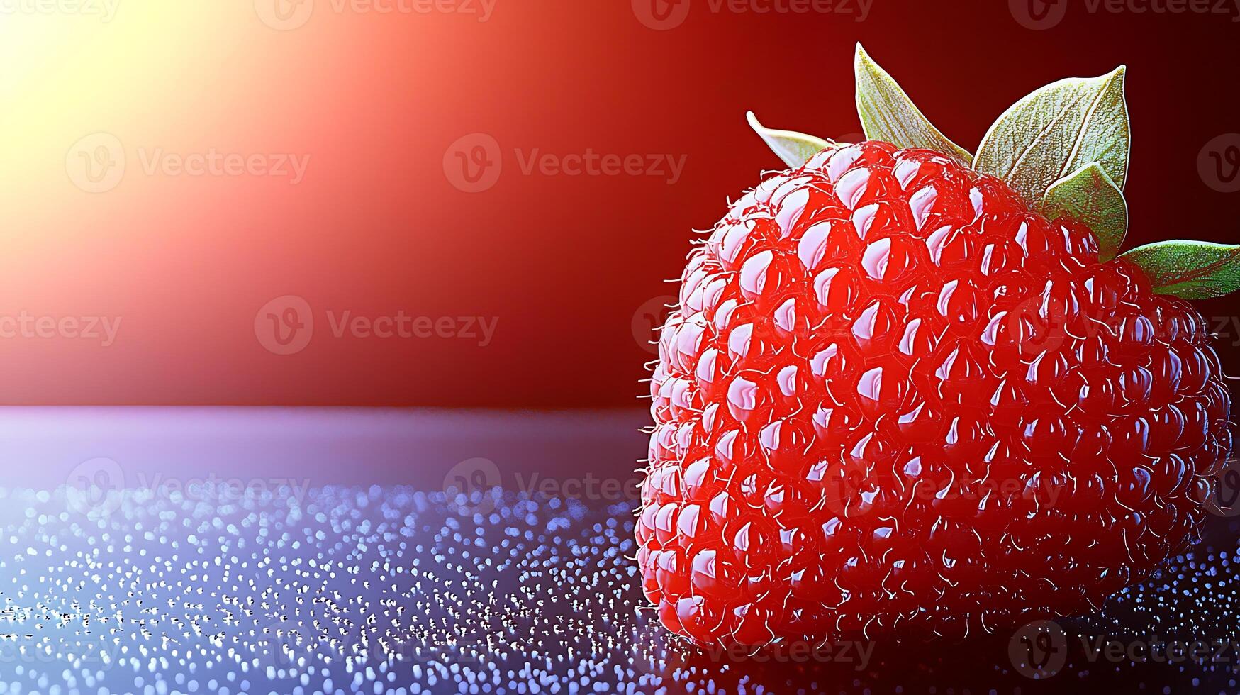 Close-up of a vibrant strawberry resting on a reflective surface with a soft gradient background photo