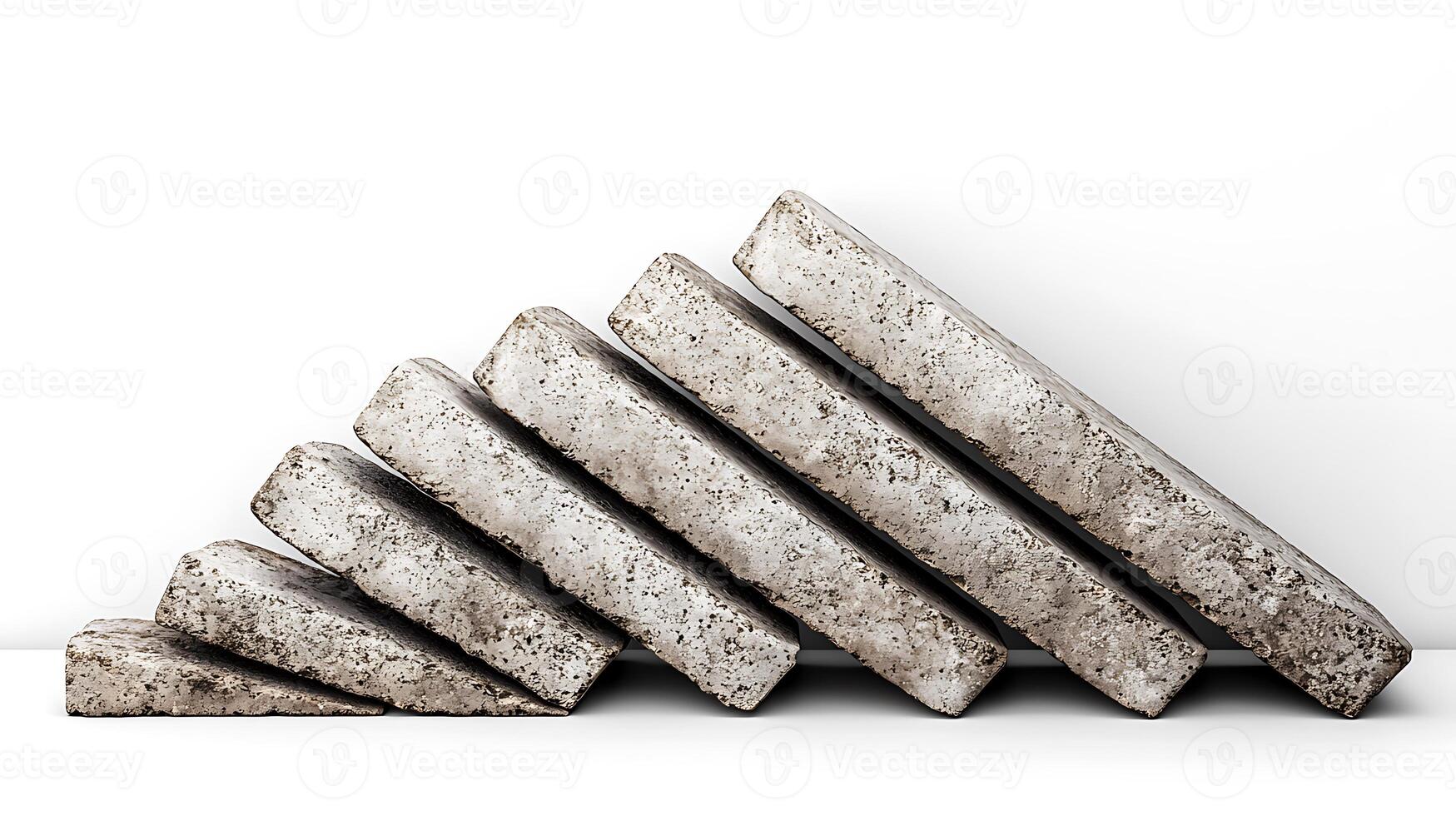 Stacked concrete blocks arranged in a descending line against a minimalist white background photo