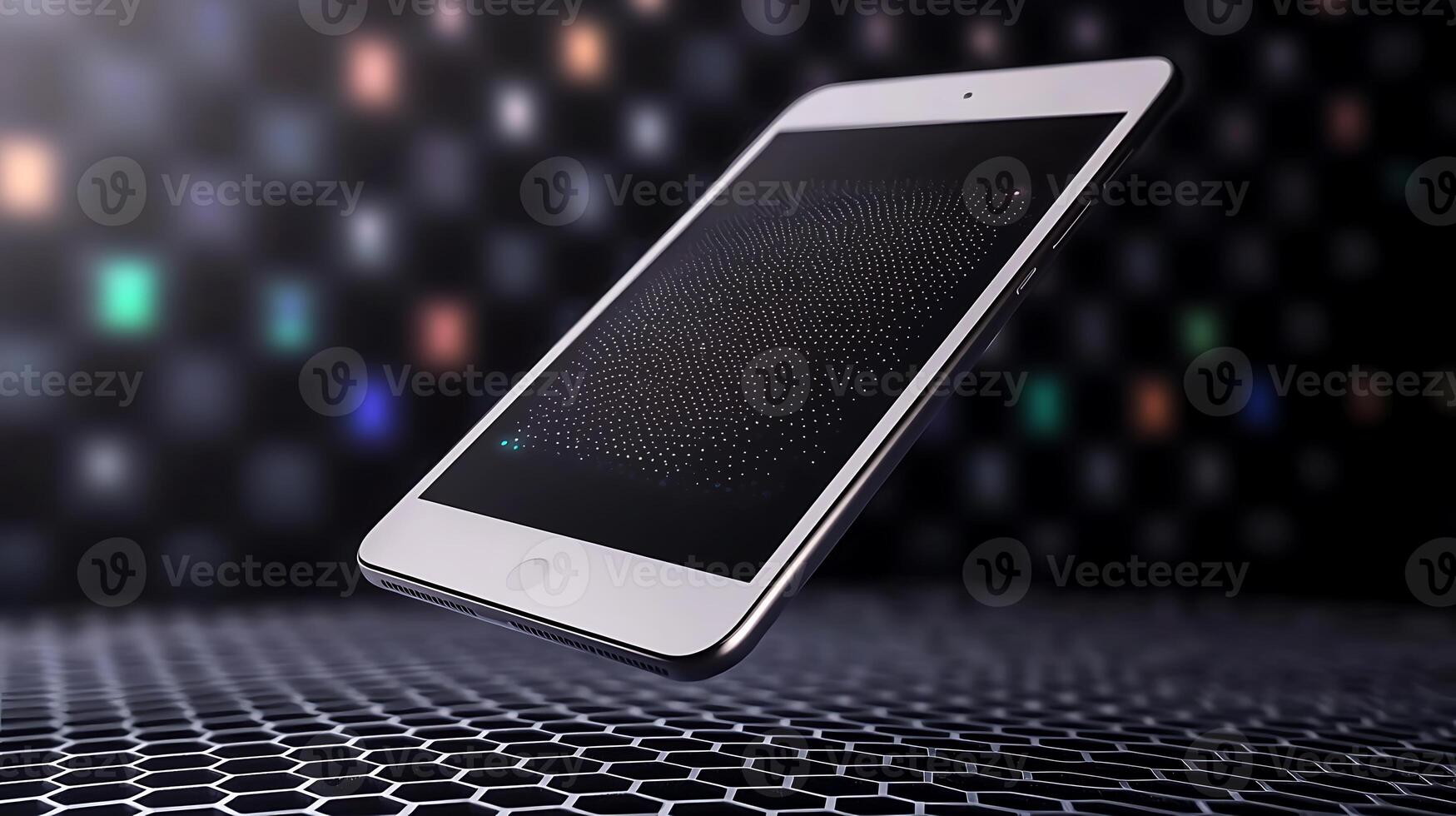 Modern tablet levitating against a vibrant, abstract background of colorful hexagonal patterns photo