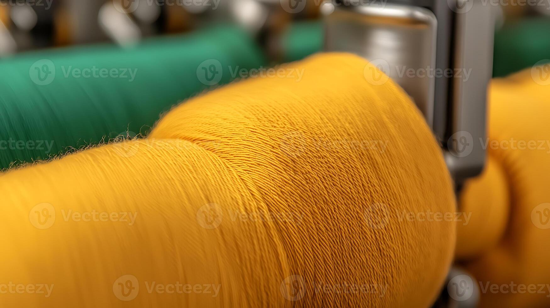 Close-up of vibrant yellow thread on a sewing machine, showcasing textile production in action photo