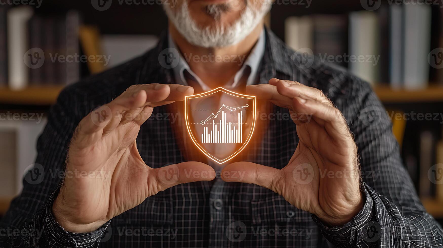 A middle-aged man holding a glowing shield symbolizing data protection in a cozy library photo