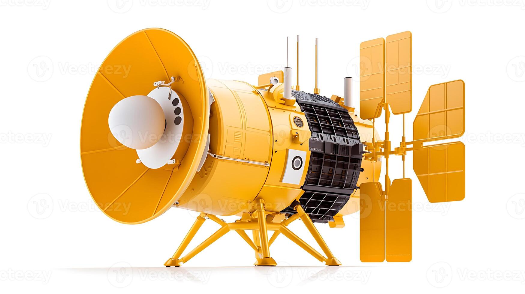 Yellow satellite communication device with dish and antennas, showcasing advanced technology in a studio setting photo