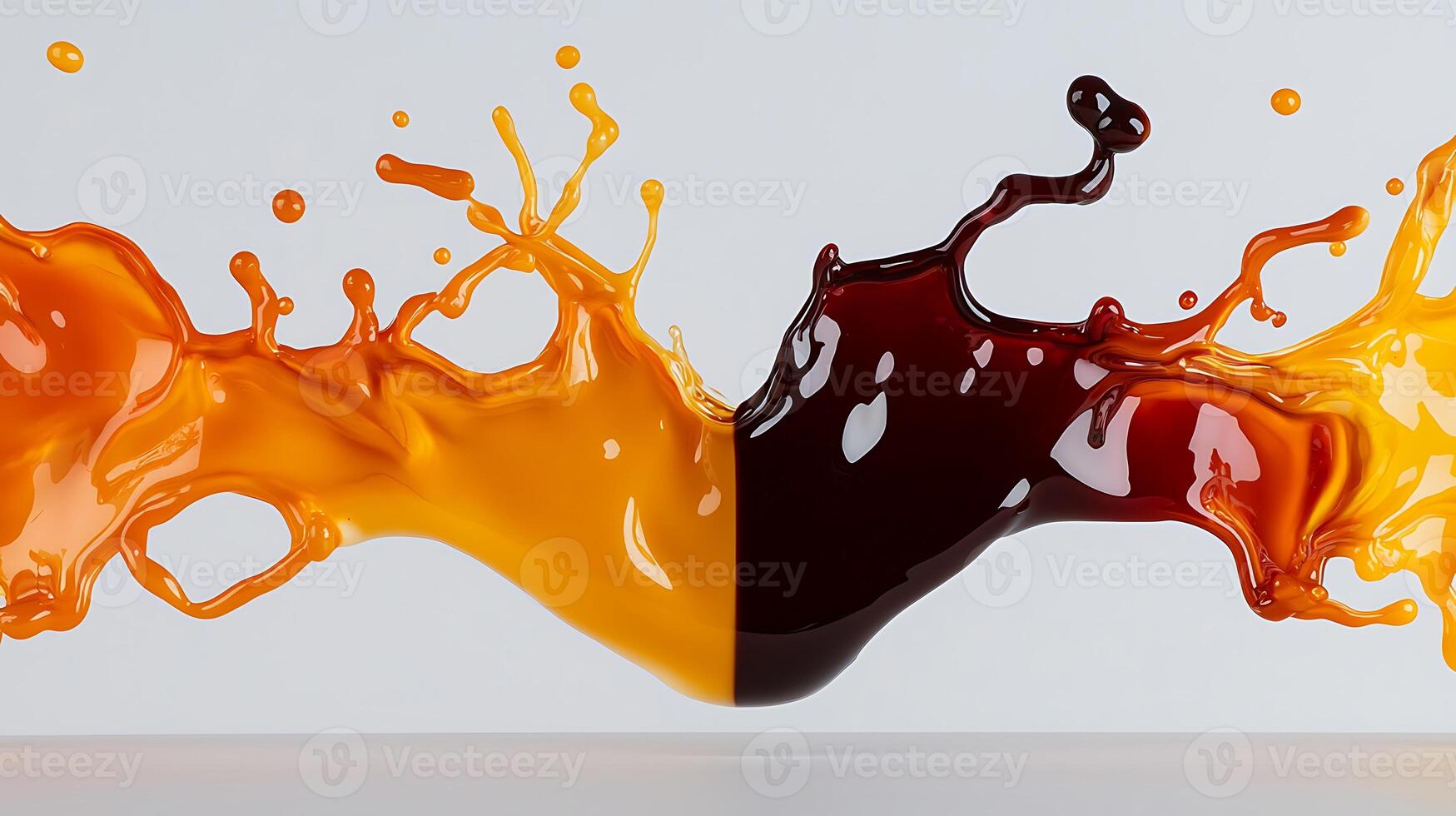 Vibrant splashes of orange and dark liquid merging in dynamic motion against a clean backdrop photo