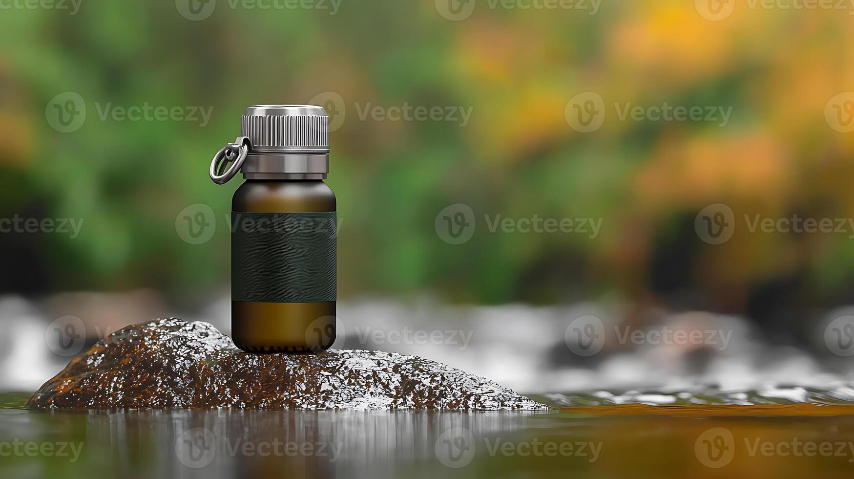 A sleek, modern water bottle resting on a rock by a flowing river surrounded by vibrant autumn foliage photo