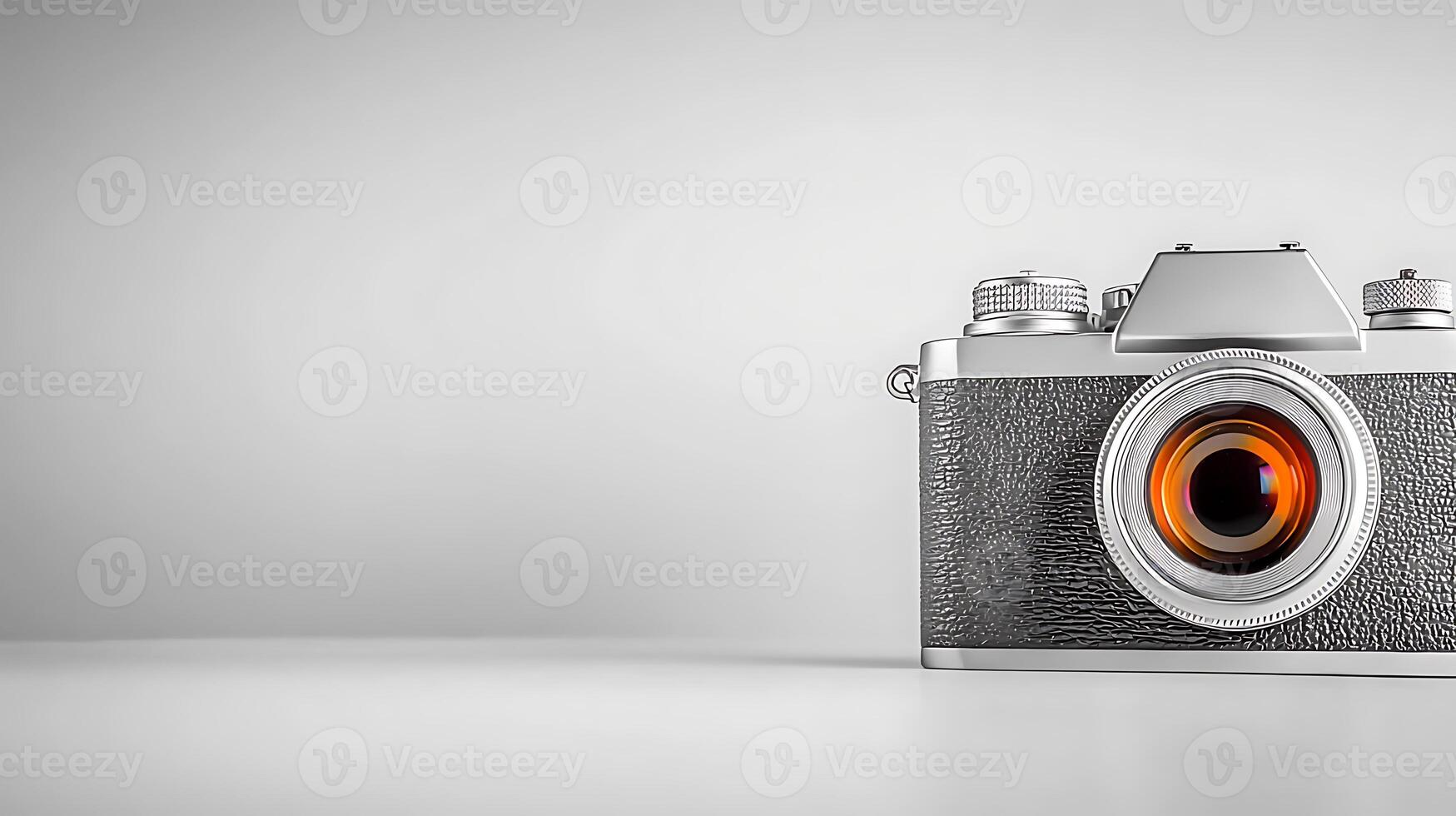 Vintage camera on a minimalist background, showcasing its design and lens, perfect for photography themes photo