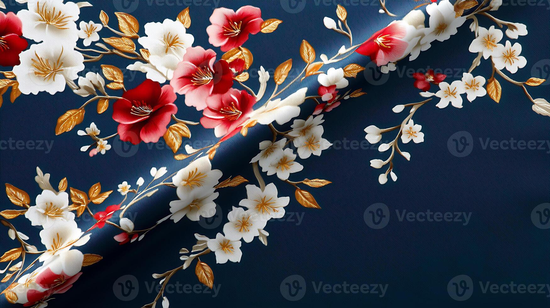 Elegant floral fabric design featuring red and white flowers on a deep navy background photo