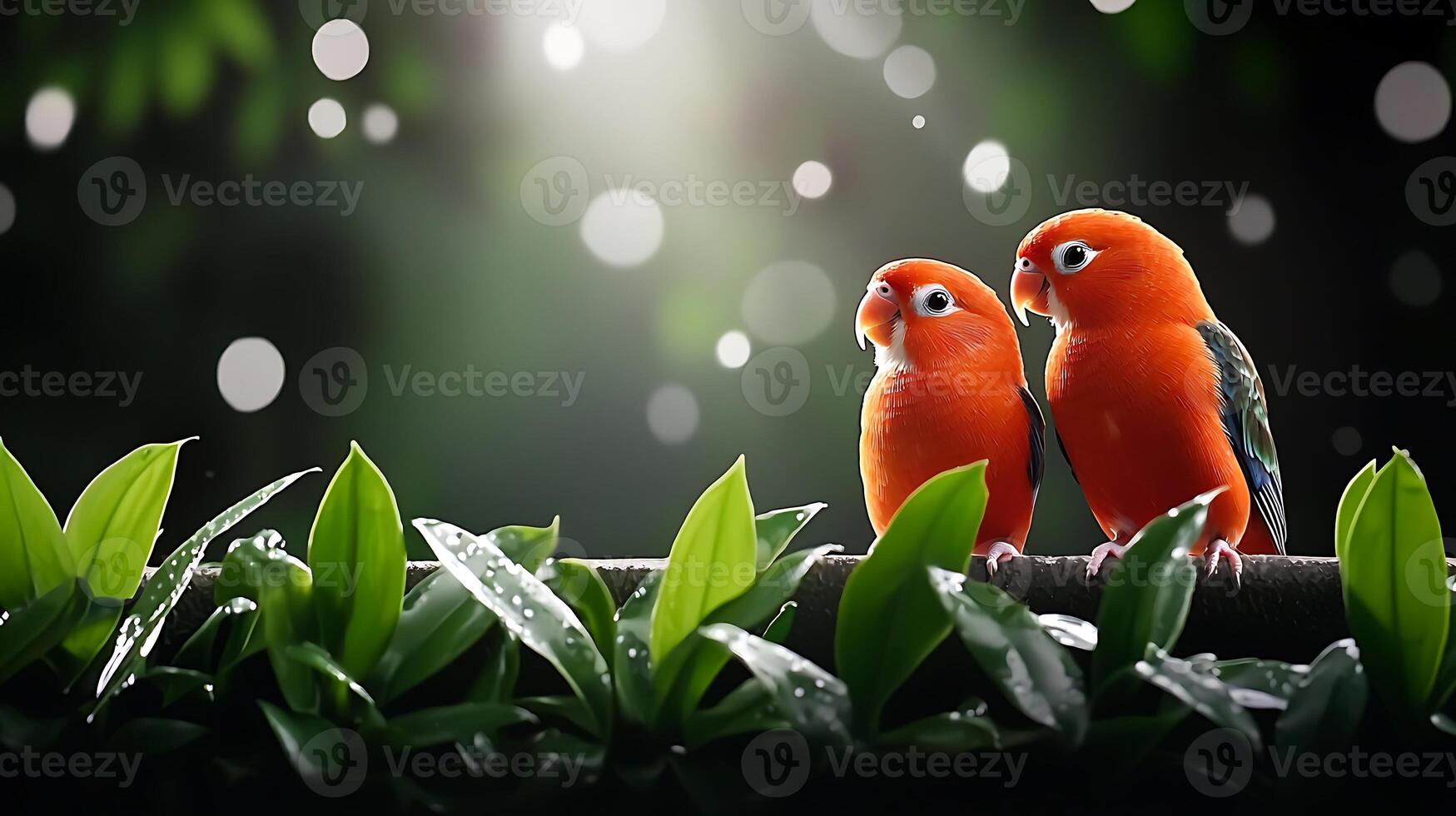 Two vibrant orange parrots perched on a lush green branch with soft bokeh background lighting photo