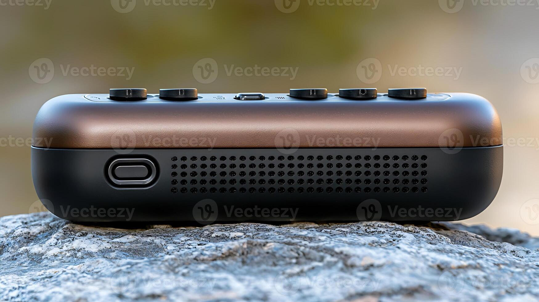 Close-up view of a sleek portable speaker resting on a textured stone surface in nature photo
