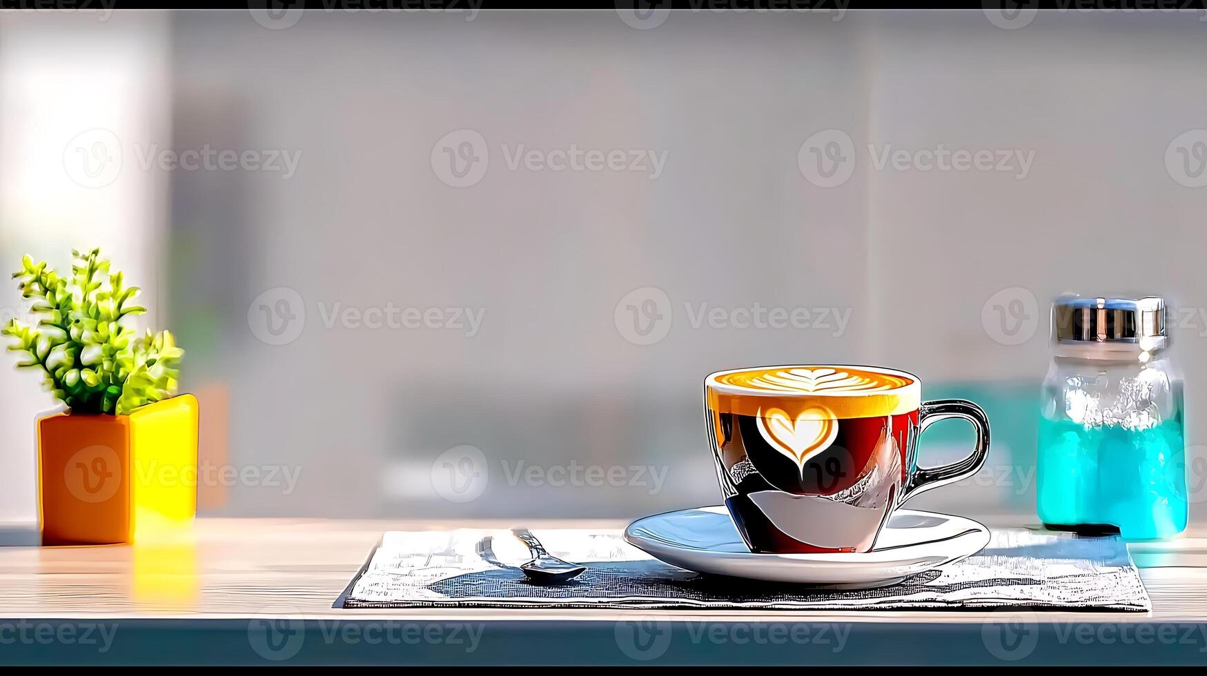 A beautifully crafted latte with heart design beside a small plant and colorful drink in a bright caf photo