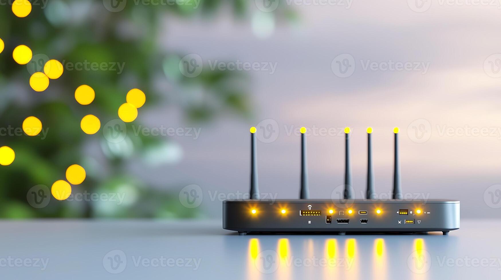 Modern wireless router with illuminated indicators on a table, blurred bokeh lights in background photo
