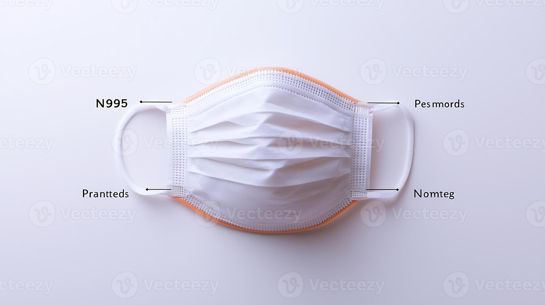 Close-up of a white face mask with labels indicating its features on a clean background photo