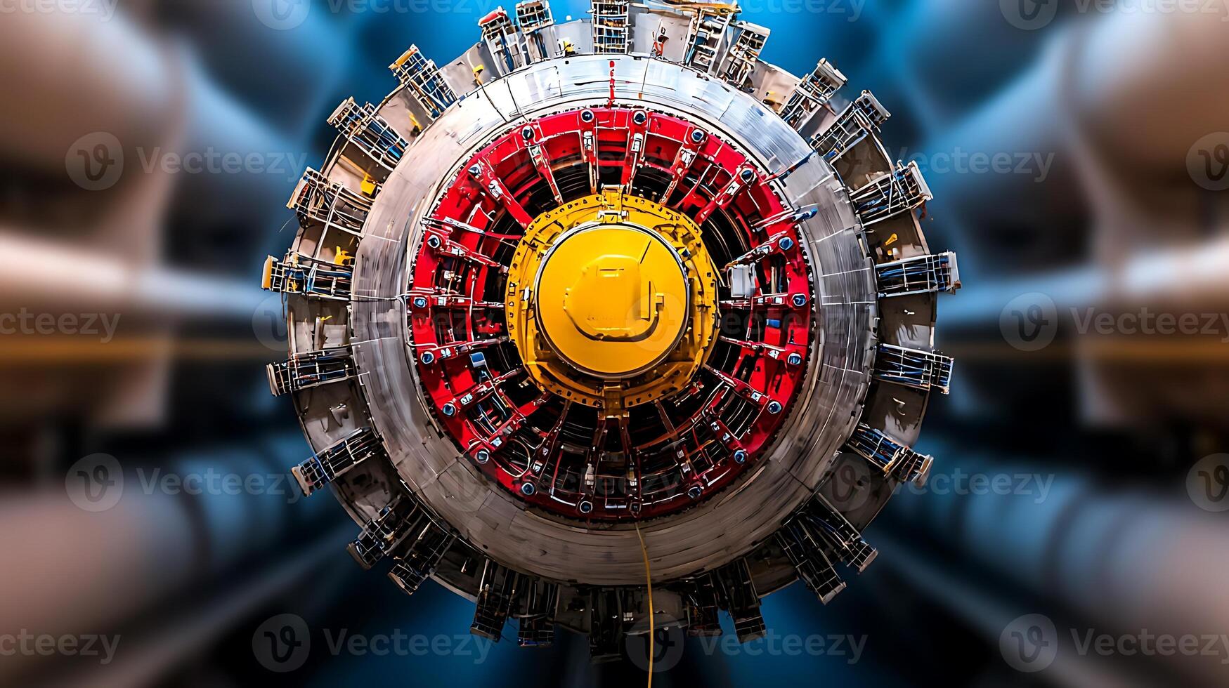Close-up view of a large industrial machine with intricate components in a factory setting photo