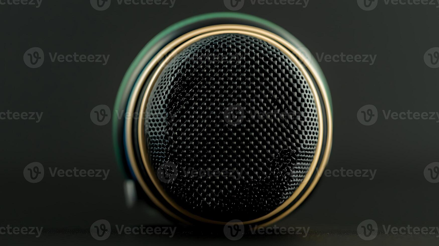 Close-up of a professional microphone with textured mesh and sleek design against a dark background photo