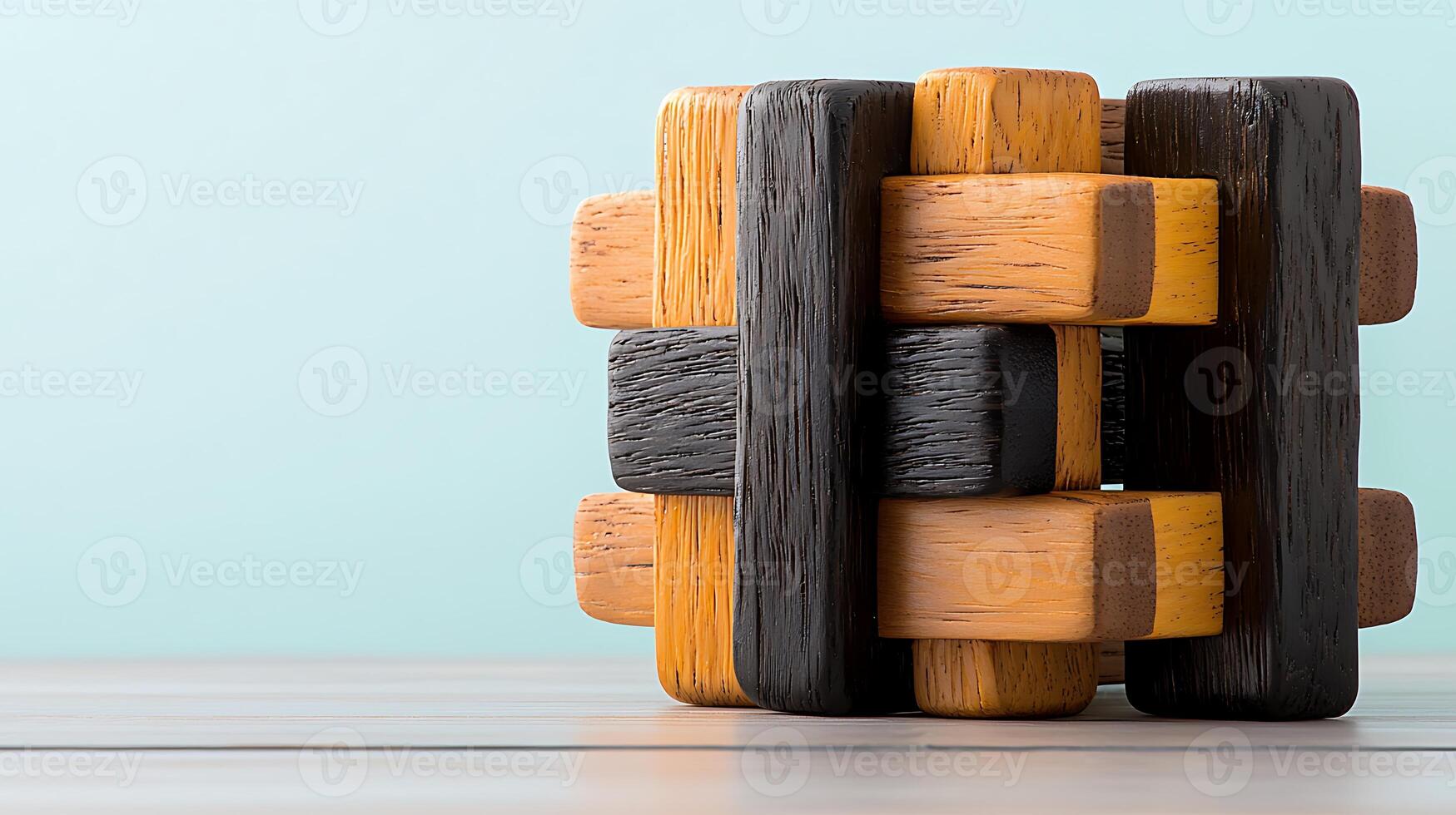 Wooden puzzle cube on a light blue background with soft shadows and a minimalist aesthetic photo