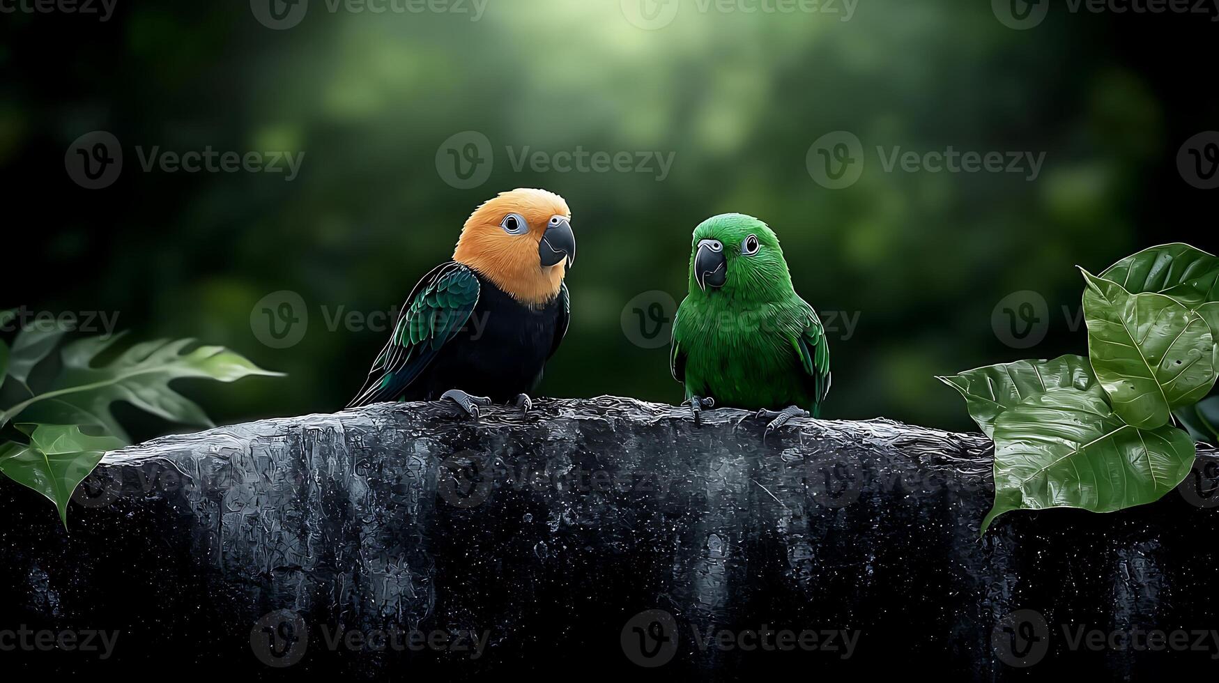 Two colorful parrots perched on a stone wall surrounded by lush greenery in a serene setting photo