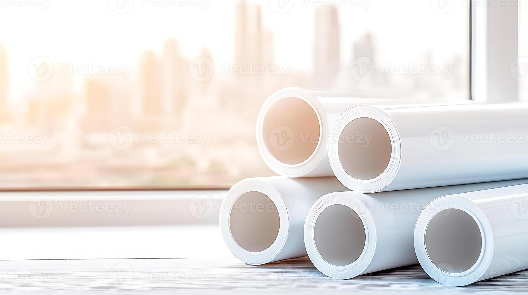 Rolls of white paper stacked on a windowsill with a city skyline in the background during sunset photo
