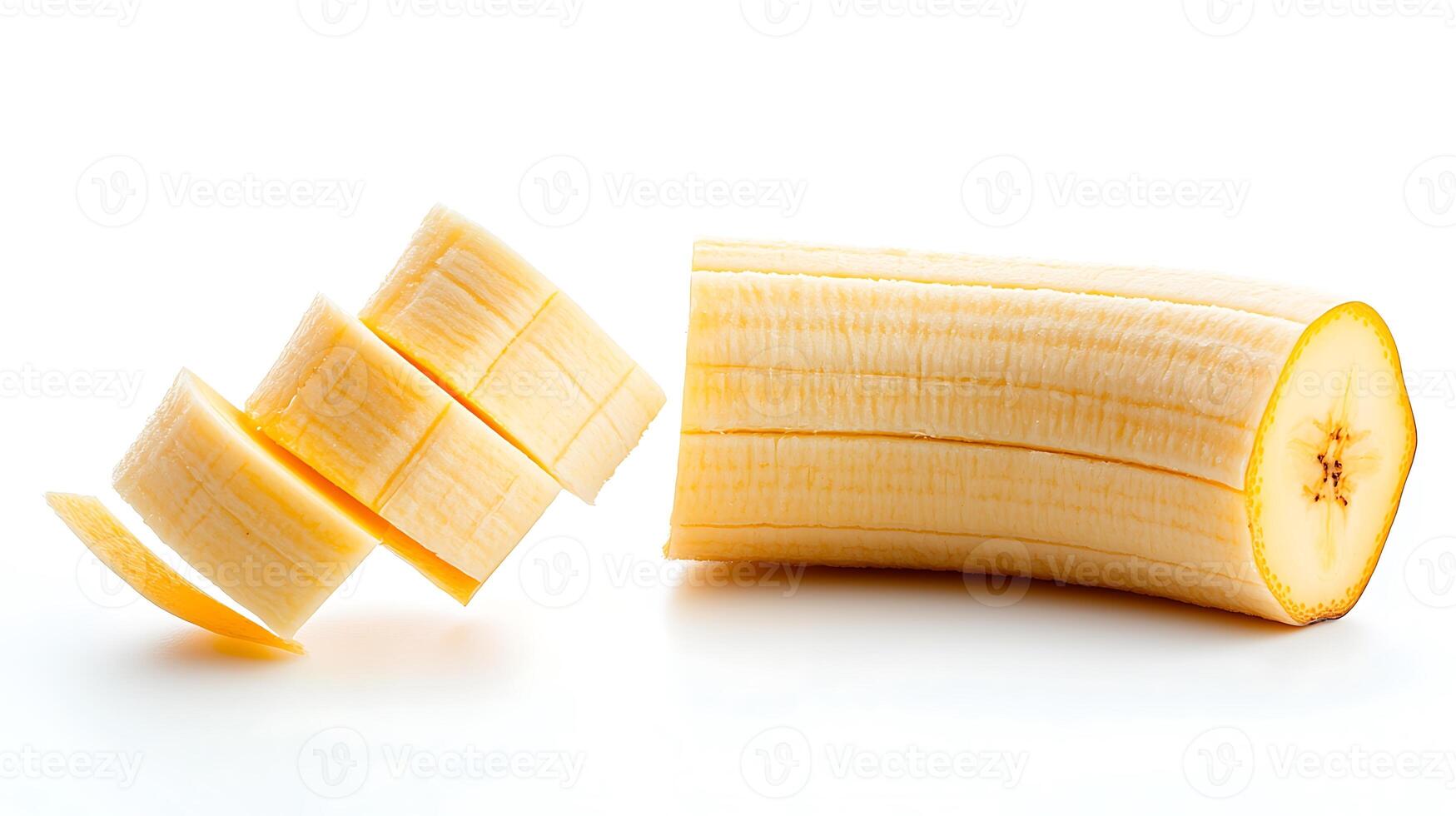 Sliced banana on a white background showcasing fresh fruit and culinary preparation photo
