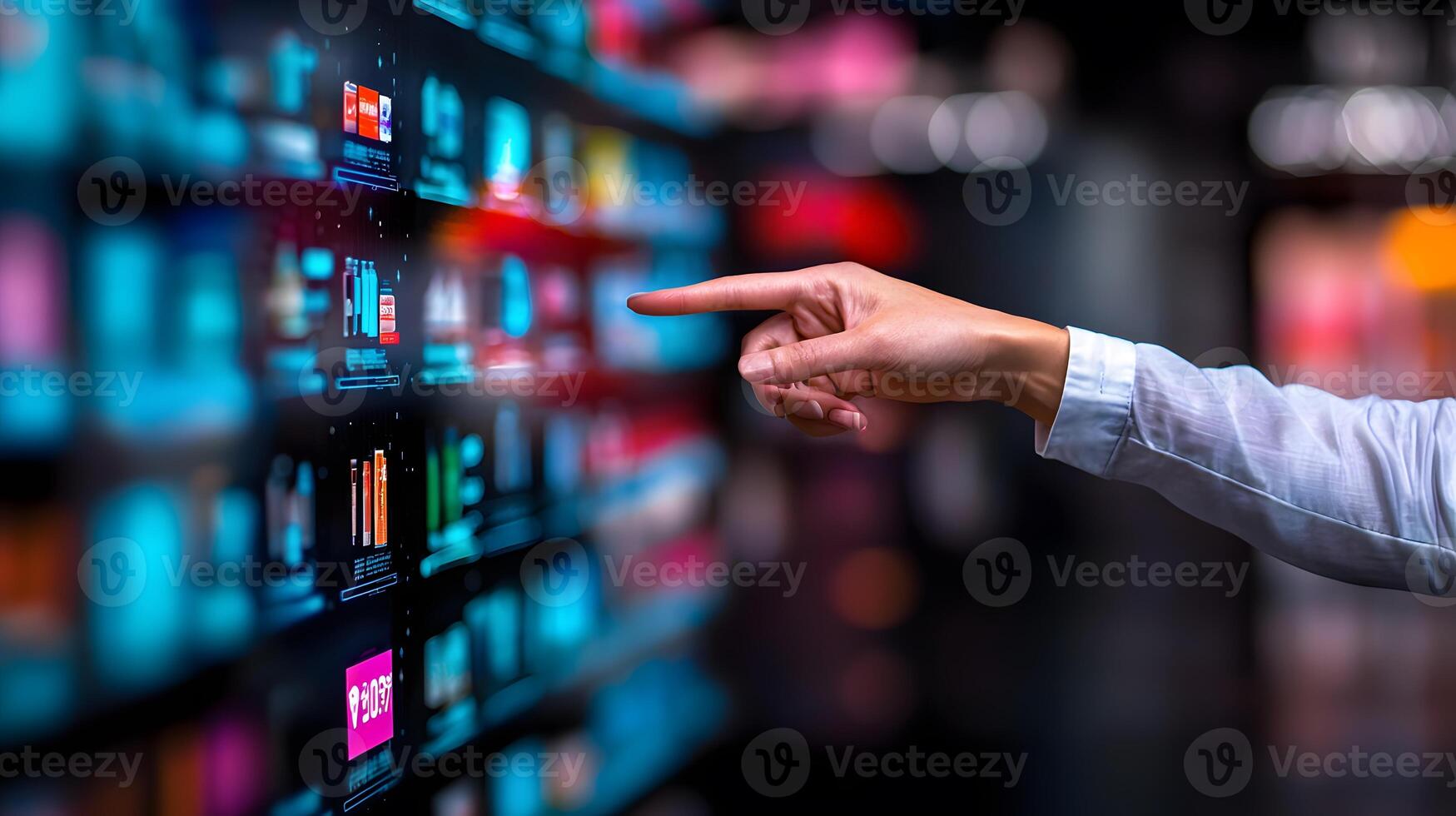 Person interacting with a digital display showcasing various products in a modern setting photo