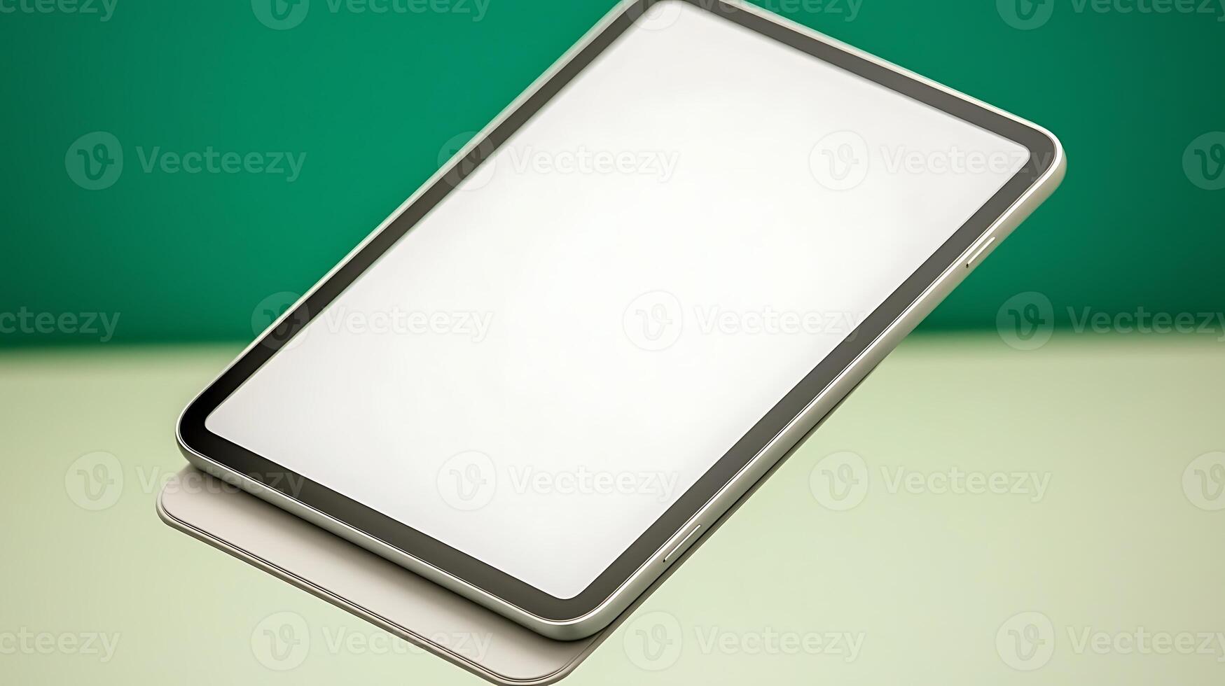 A sleek tablet floating above a minimalistic surface with a green background, showcasing modern technology photo