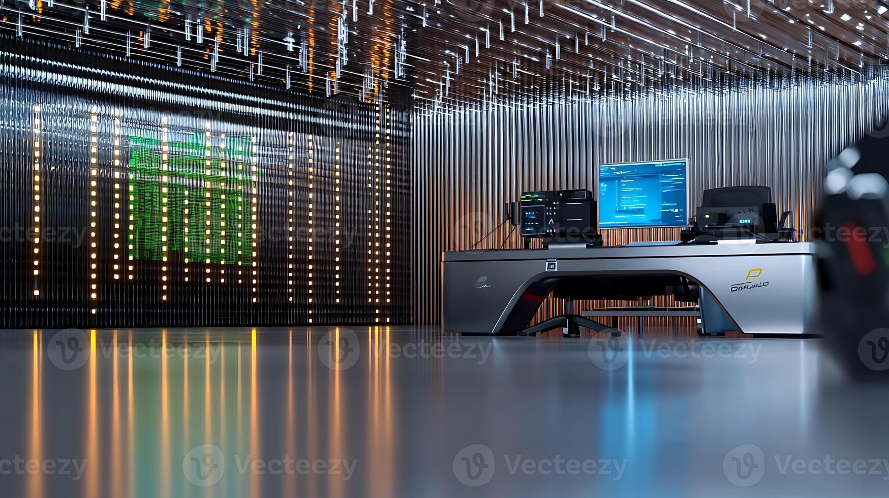 Modern data center with sleek workstation, illuminated backdrop, and high-tech equipment in use photo