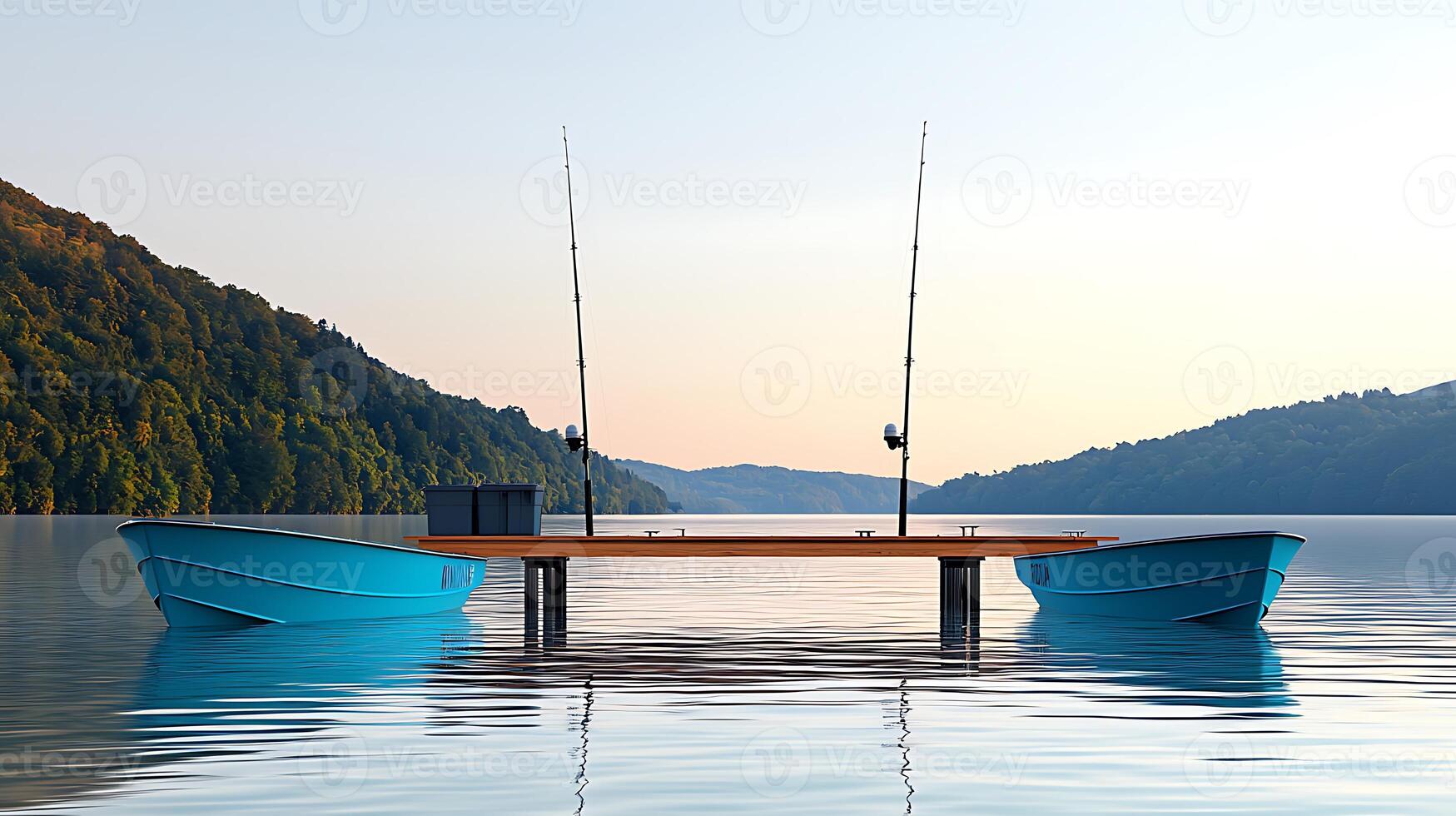 Tranquil fishing dock at sunrise with boats, serene water, and lush forest in background photo