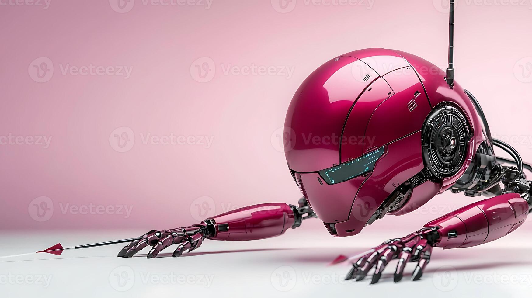 Futuristic pink robot with sleek design reaching for an arrow on a minimalistic backdrop photo