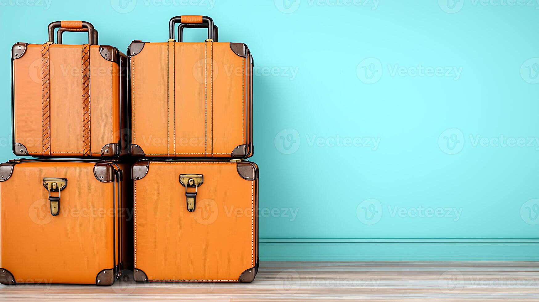 Vintage orange suitcases stacked against a light blue wall in a stylish interior setting photo