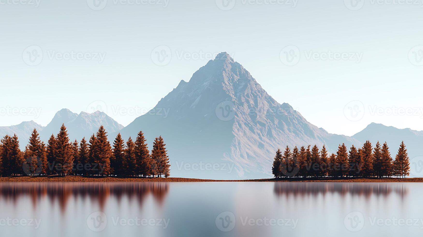 Serene mountain landscape reflecting in calm waters with pine trees lining the shore photo
