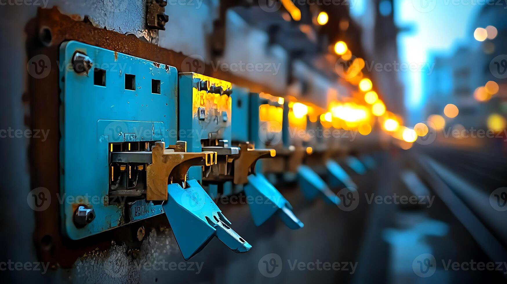 Close-up of vintage railway switches illuminated by warm lights during twilight in an urban setting photo