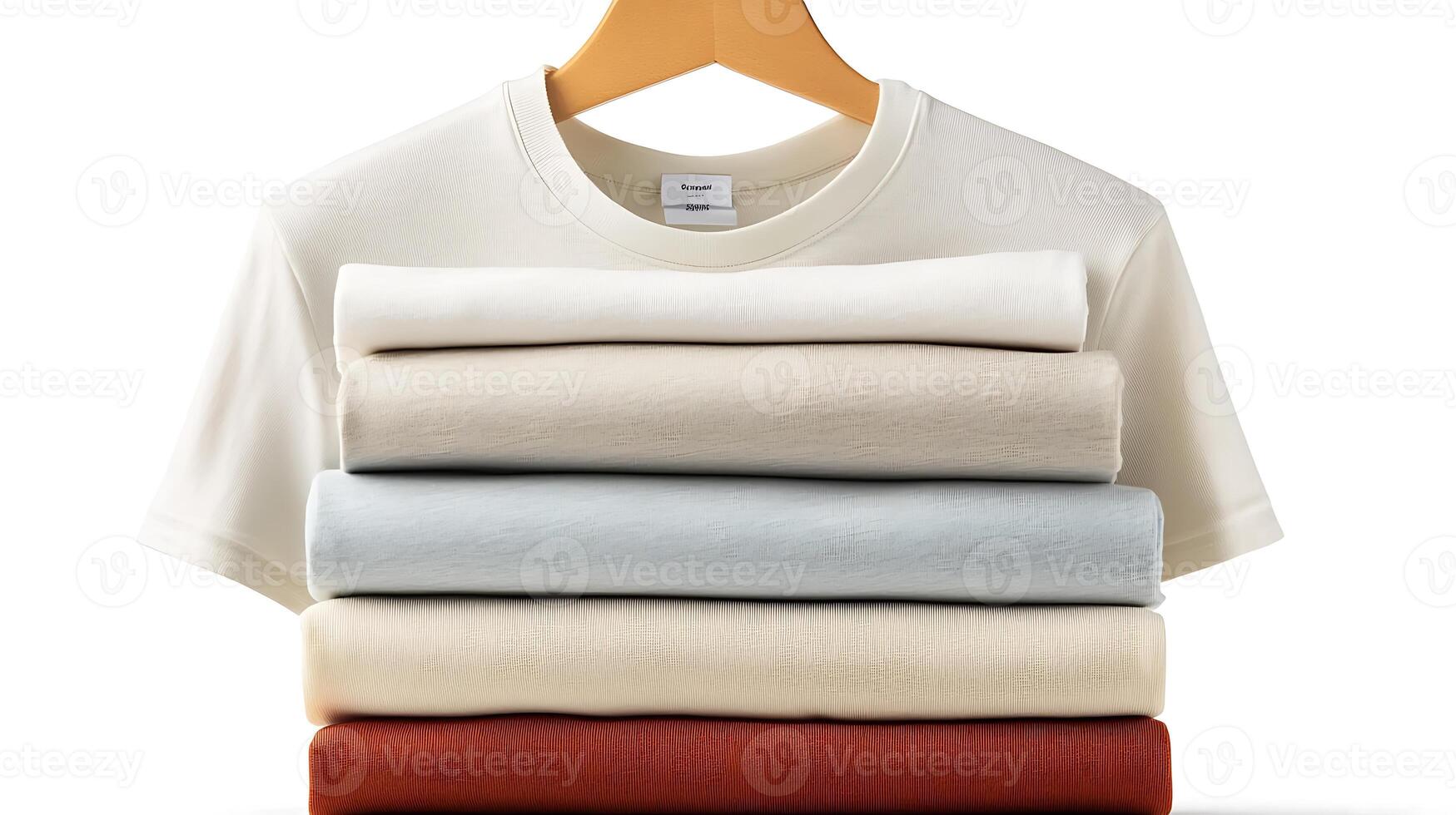 Stacked collection of neatly folded t-shirts in various colors on a wooden hanger against a plain backdrop photo