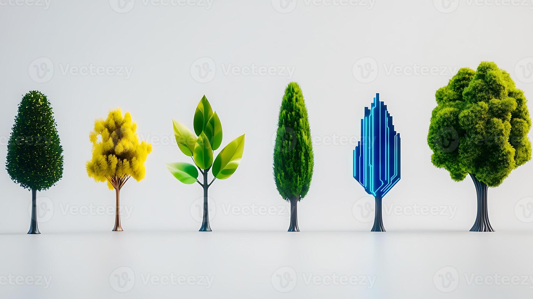 A colorful array of stylized trees showcasing various shapes and textures against a minimalist background photo