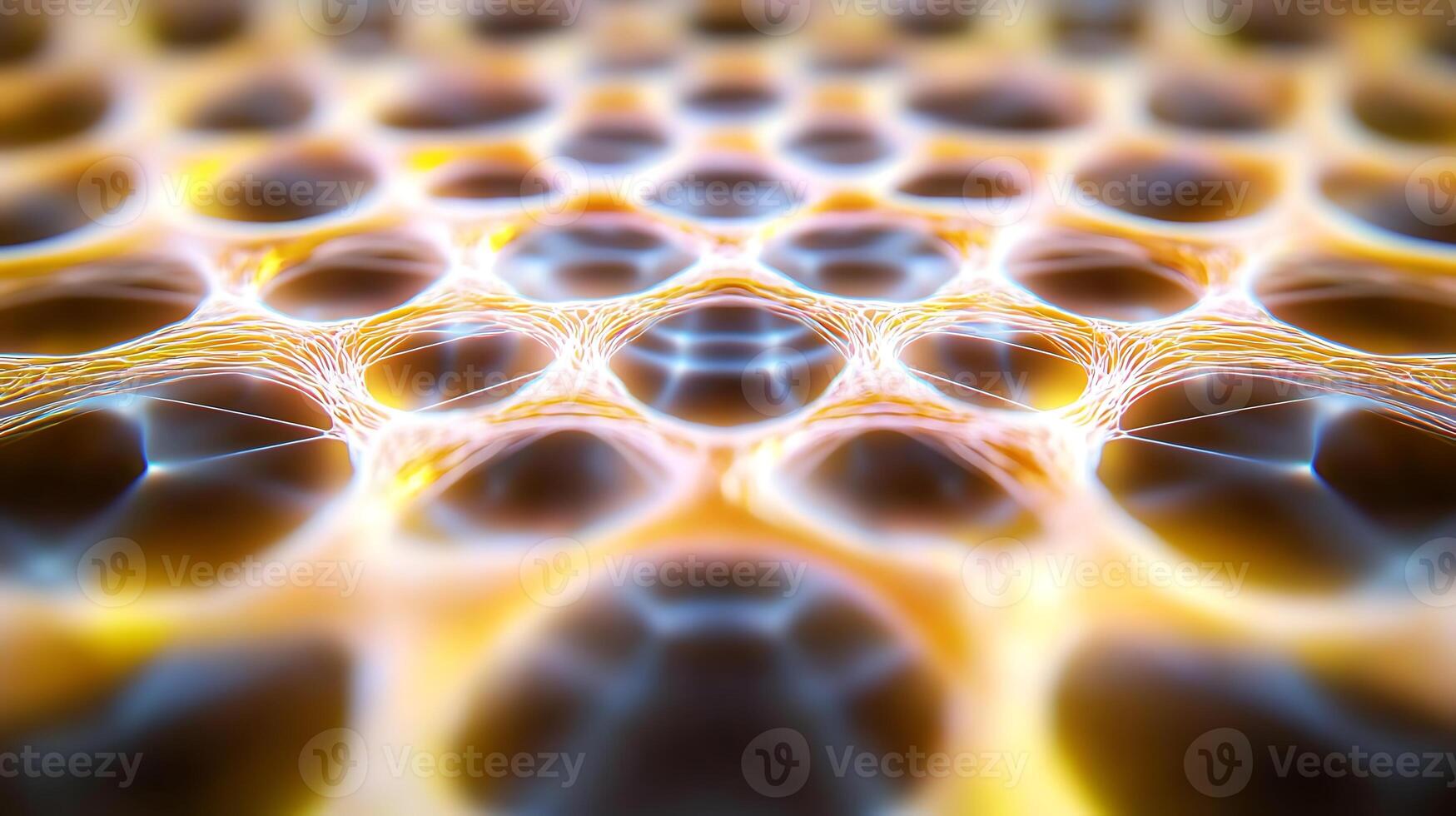 Abstract close-up of interconnected honeycomb patterns with glowing edges and vibrant colors photo
