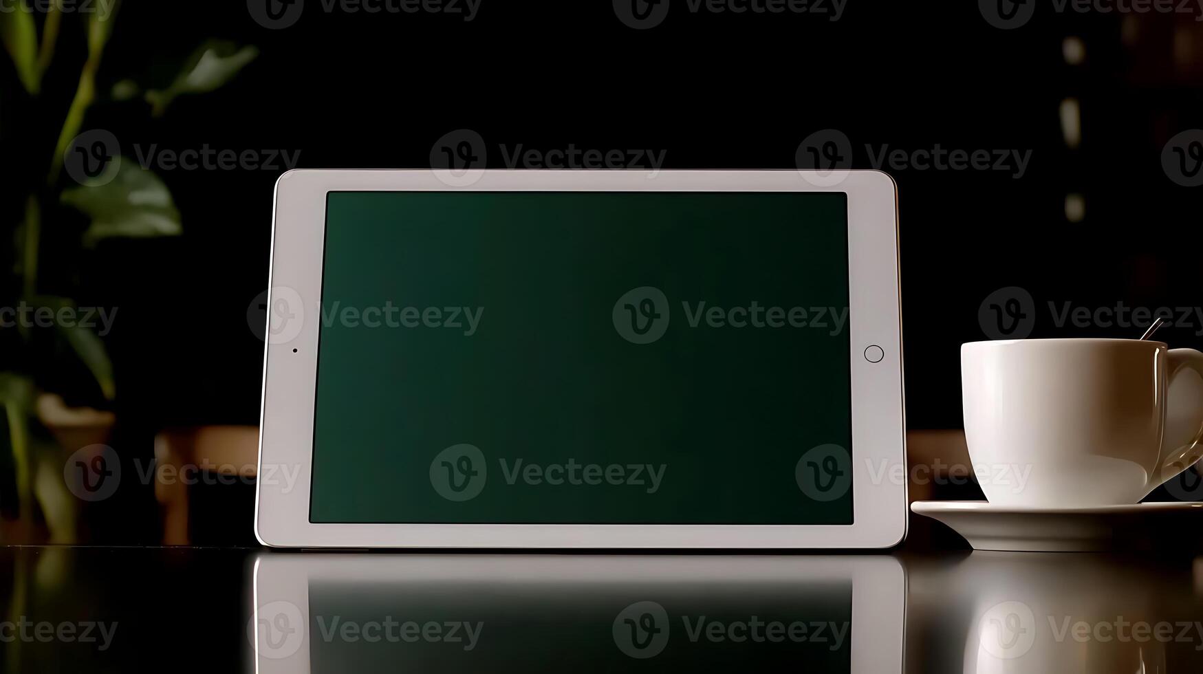 A sleek tablet rests on a dark table beside a white cup, surrounded by a cozy caf atmosphere photo