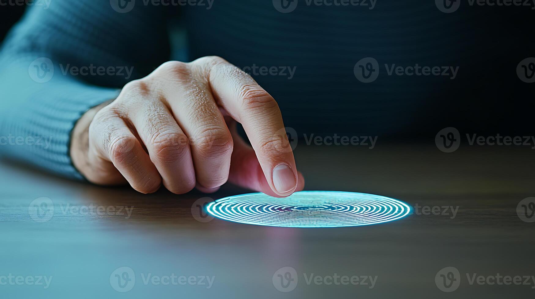 A person interacting with a futuristic holographic interface on a wooden table, showcasing technology photo