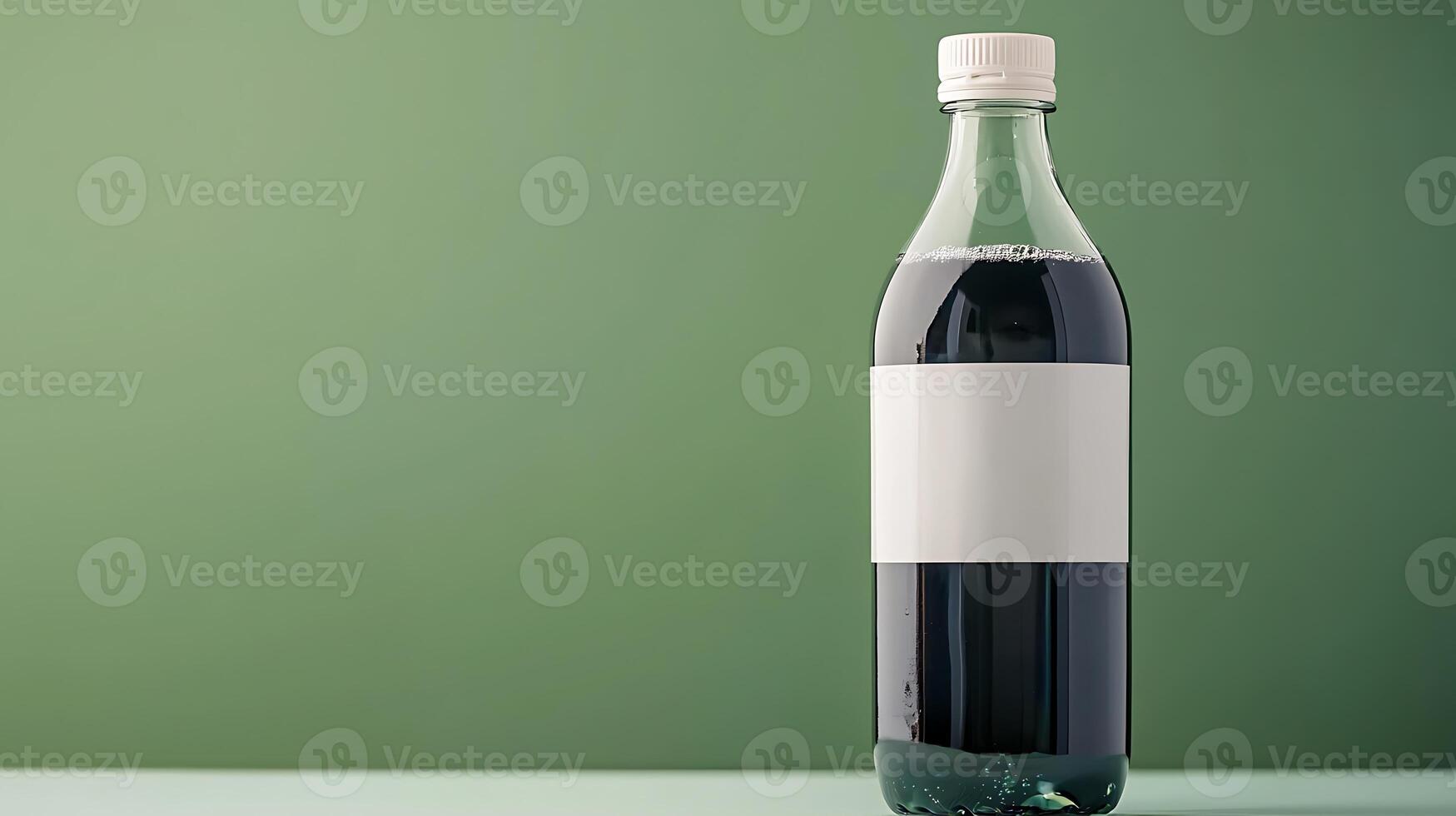 A clean and minimalistic image of a soda bottle with a blank label against a green backdrop photo