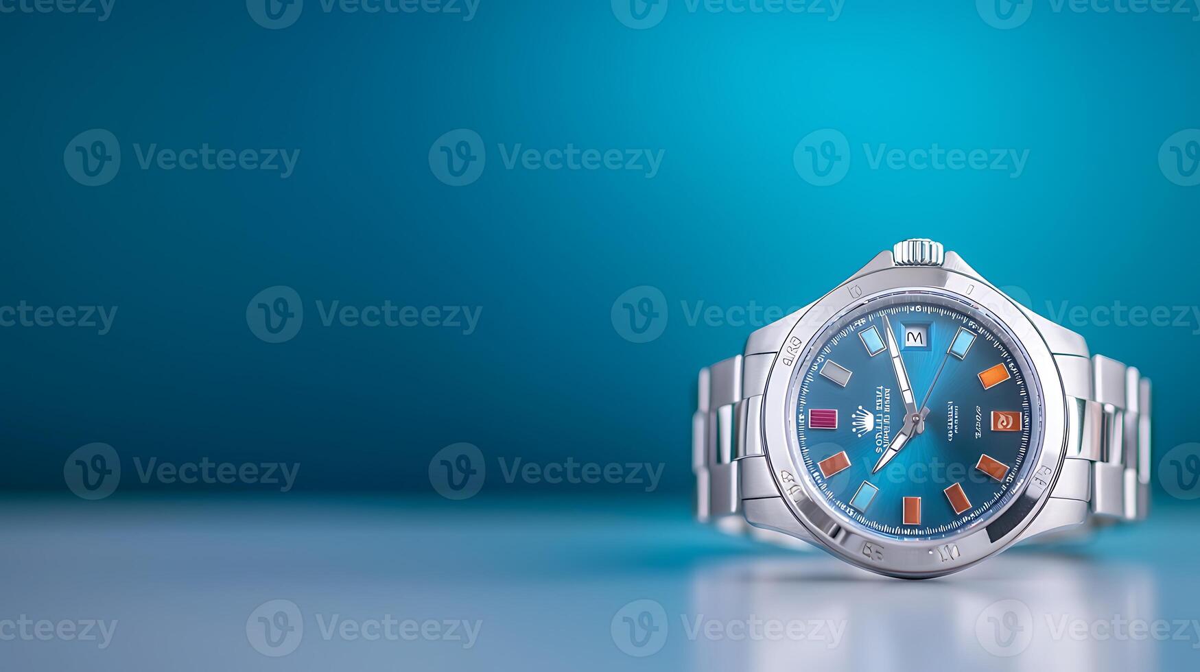 A close-up of a sleek silver watch with a vibrant blue dial and colorful markers on a smooth surface photo