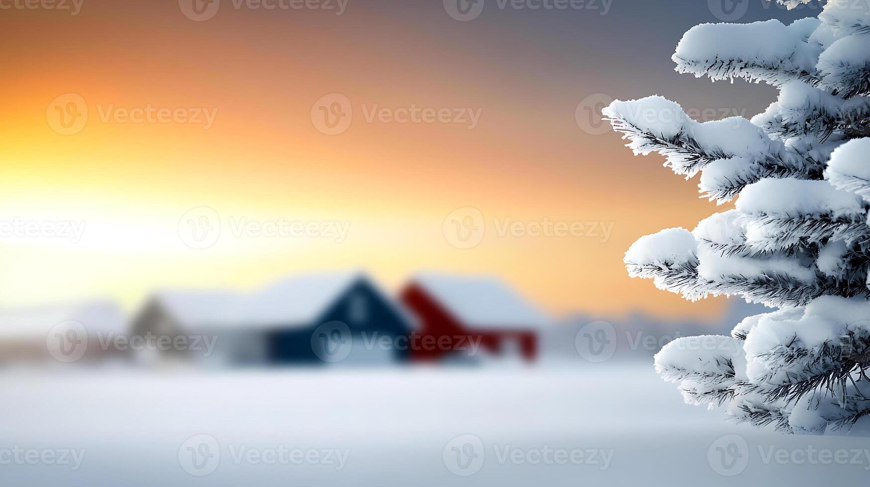 Snow-covered trees in a serene winter landscape with colorful houses at sunset photo