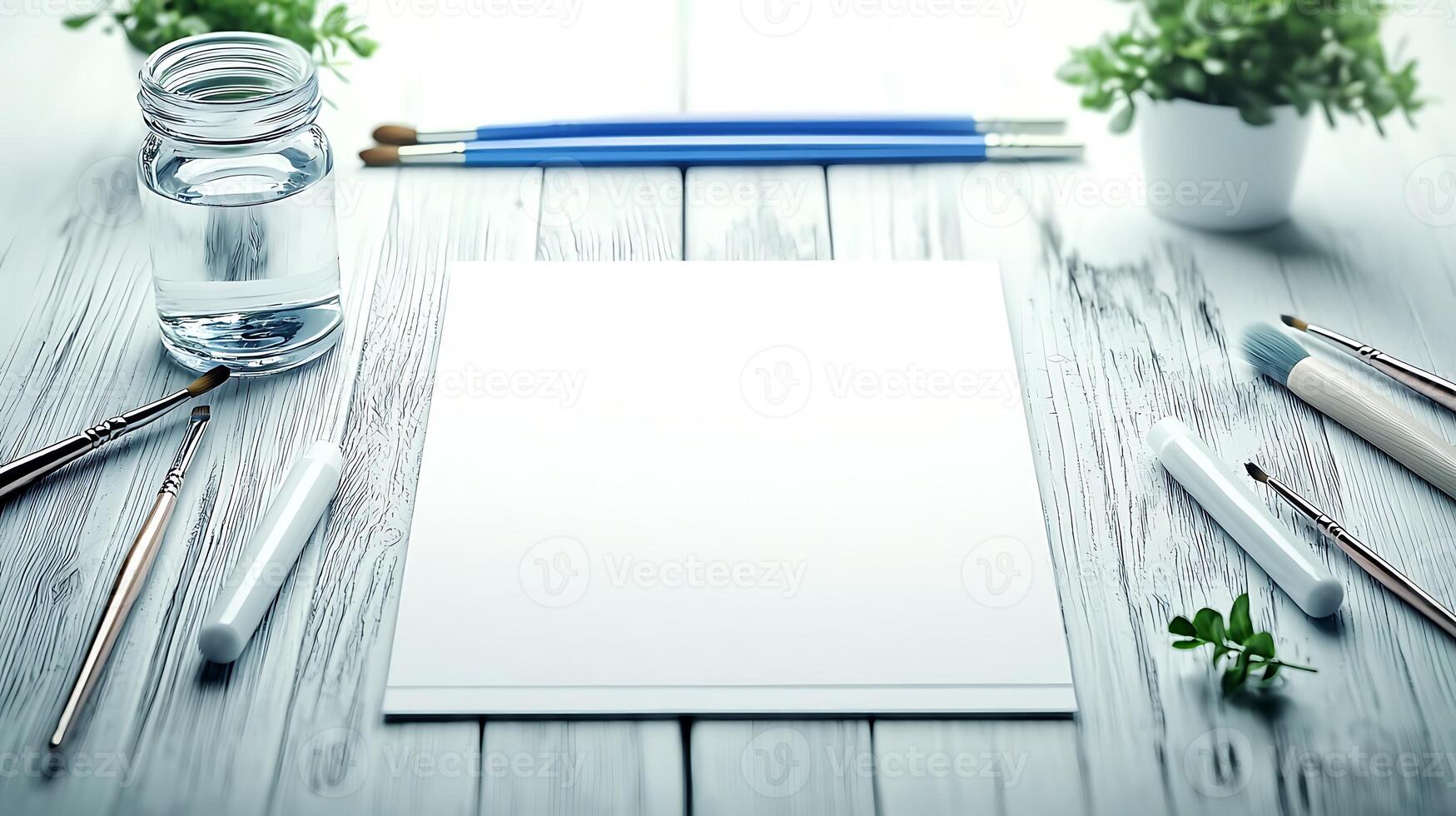 Blank canvas surrounded by art supplies on a wooden table with plants in the background photo