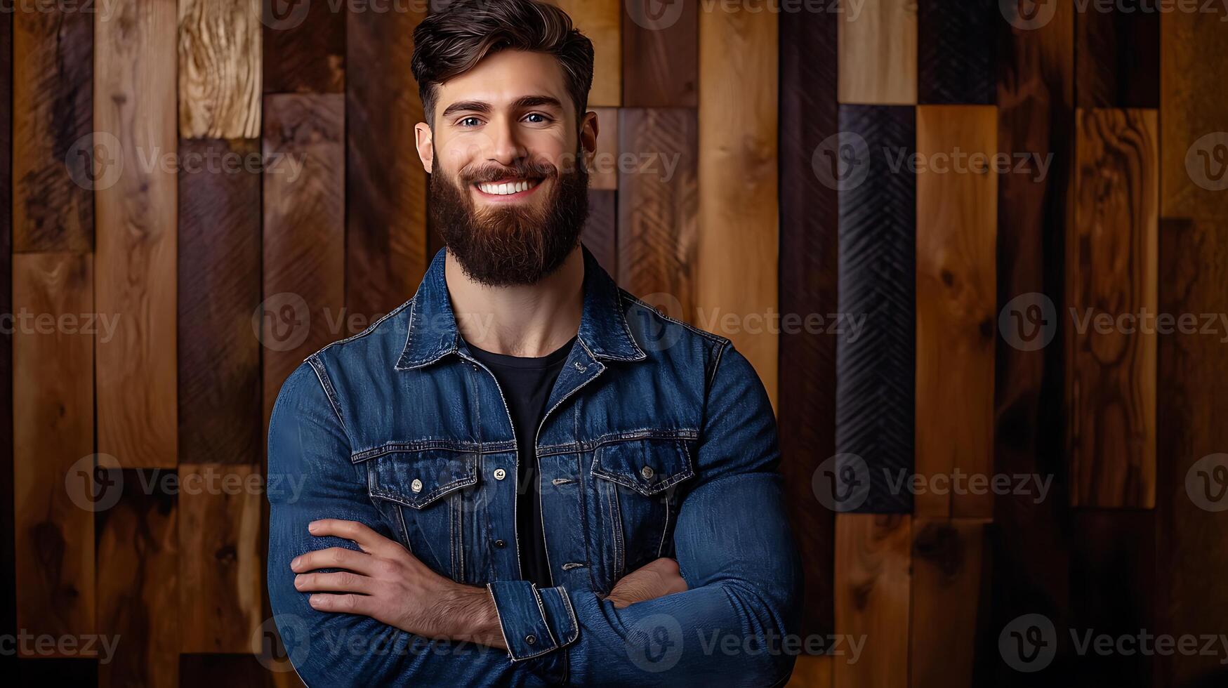 Smiling man in denim jacket poses confidently against a rustic wooden wall backdrop photo