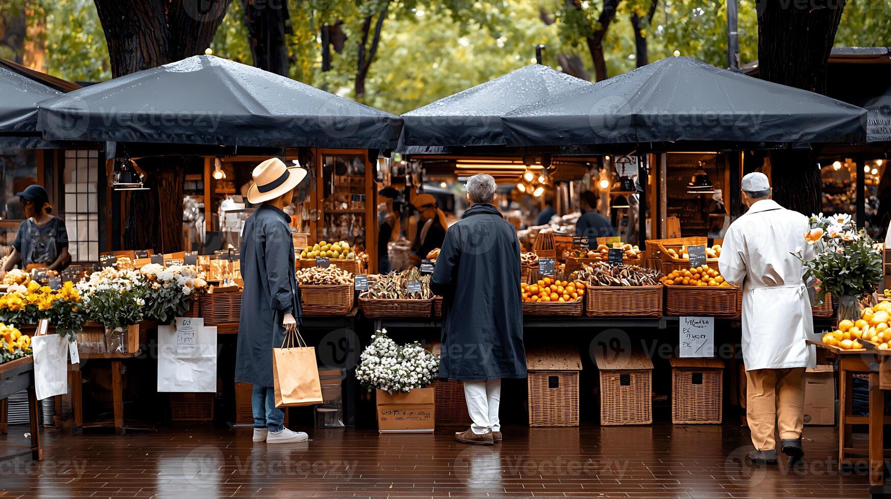 Vibrant market scene with vendors selling fresh flowers and fruits under canopies on a rainy day photo