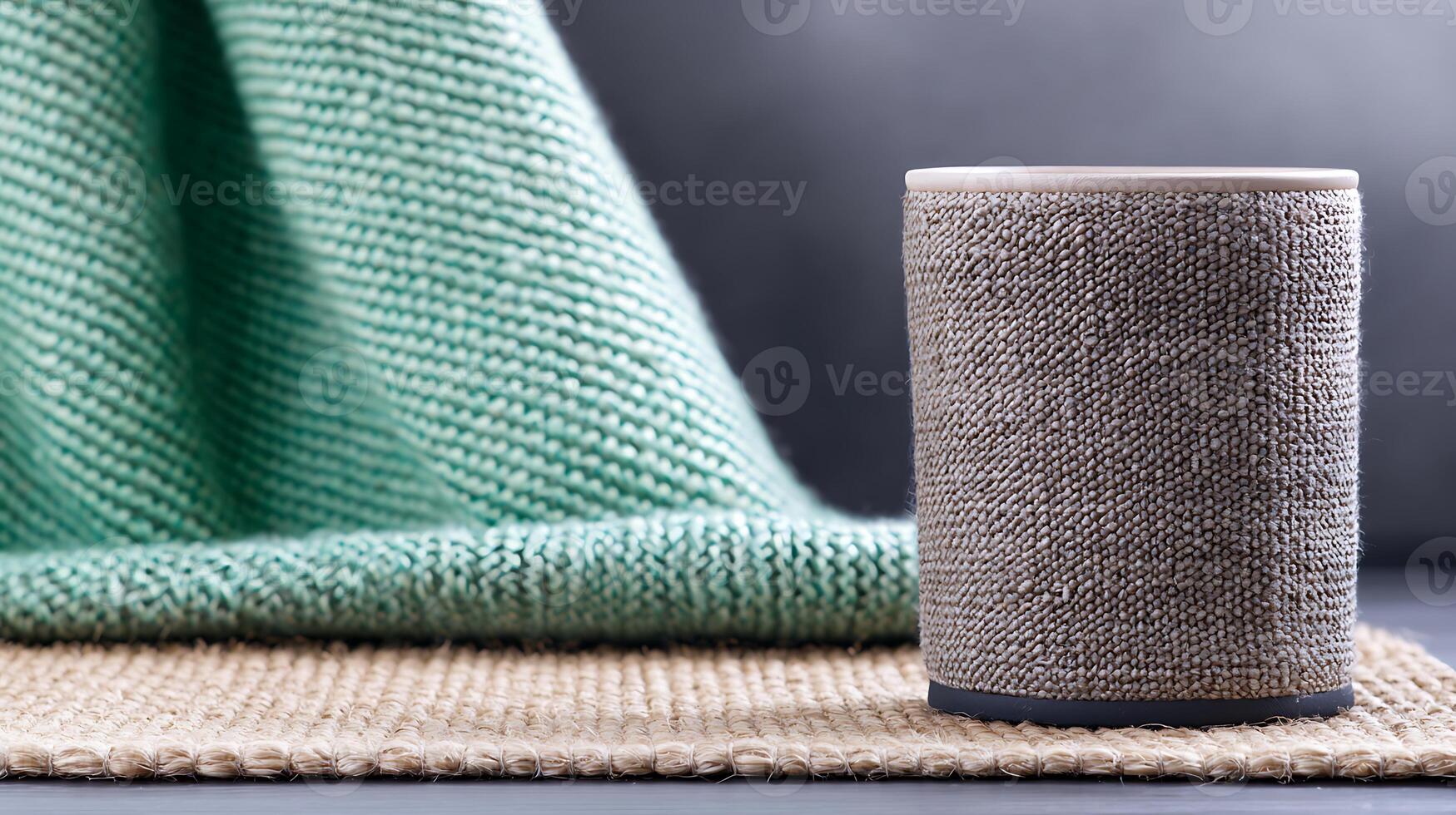 A textured speaker on a woven mat with a soft green blanket draped in the background photo