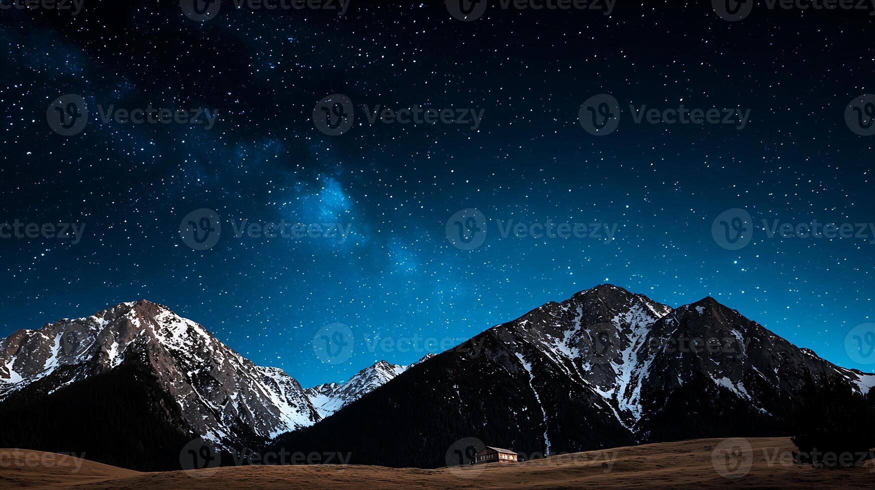 Starry night over snow-capped mountains with a serene cabin in the foreground, tranquil atmosphere photo