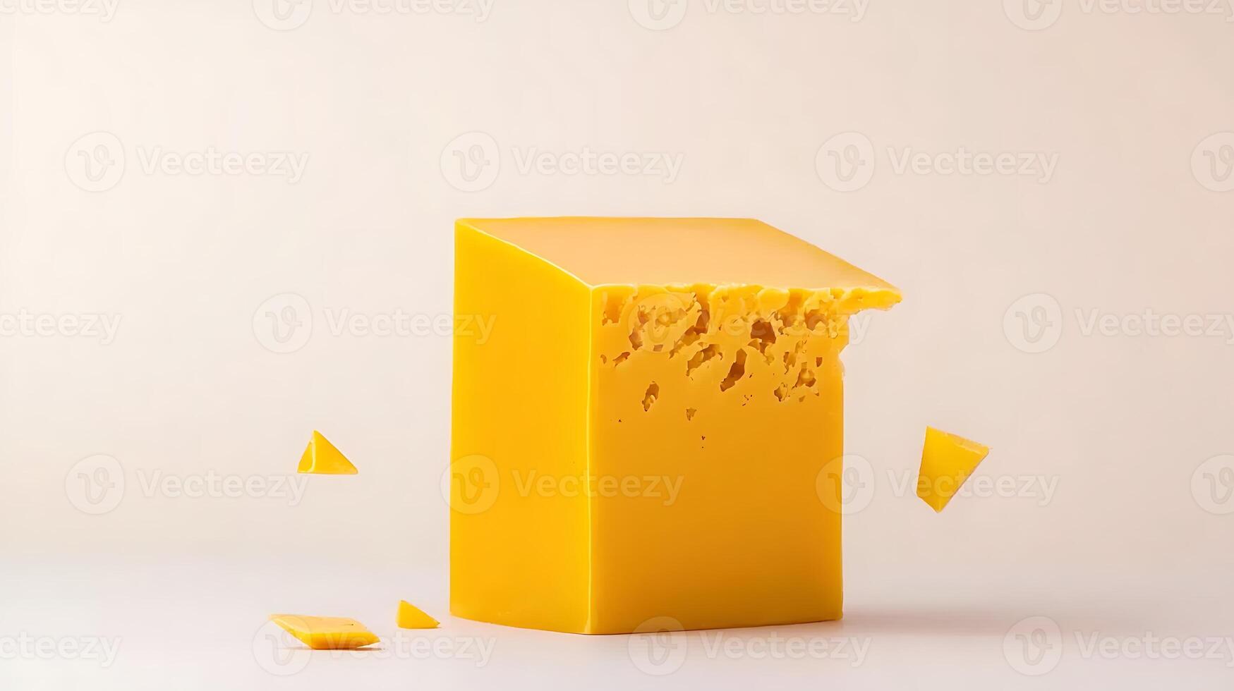 A vibrant yellow cheese block with bite marks and scattered shards against a soft background photo